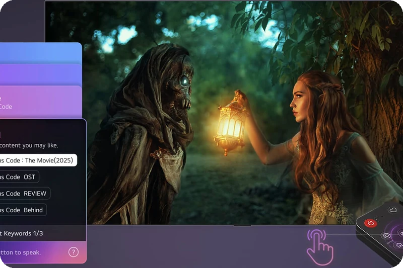 AI Concierge menu showing scene-based recommendations beside a movie on an LG television.