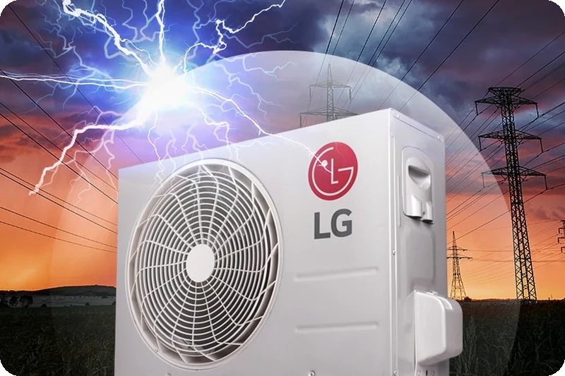 LG air-conditioner voltage-care protection graphic.